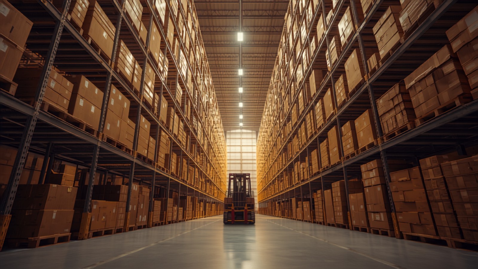 Interior de un depósito logístico con estanterías cargadas de cajas